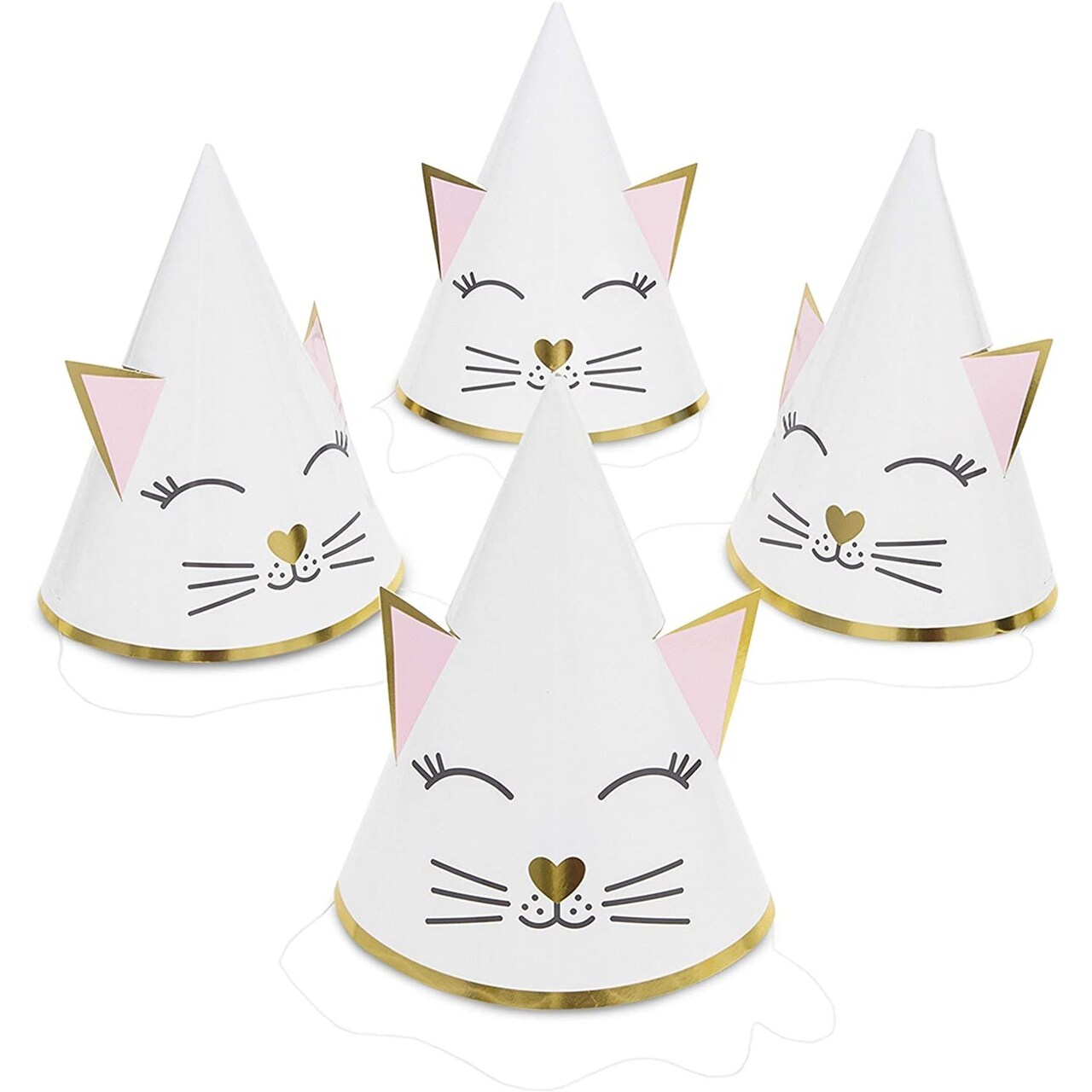 Cat Birthday Party Cone Hats (White, Pink, 24 Pack), Ages 3-14